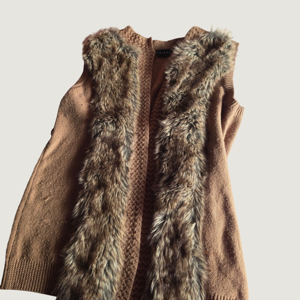 Tribal Womens Faux Fur Trim Knit Vest Brown Wool Blend Open Front S 8938O-5065